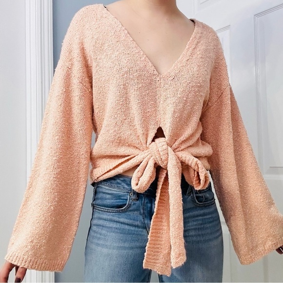 Mon Renn Sweater Knit Pink Flare Sleeve Tie Front Balletcore Size Small New - Picture 8 of 8